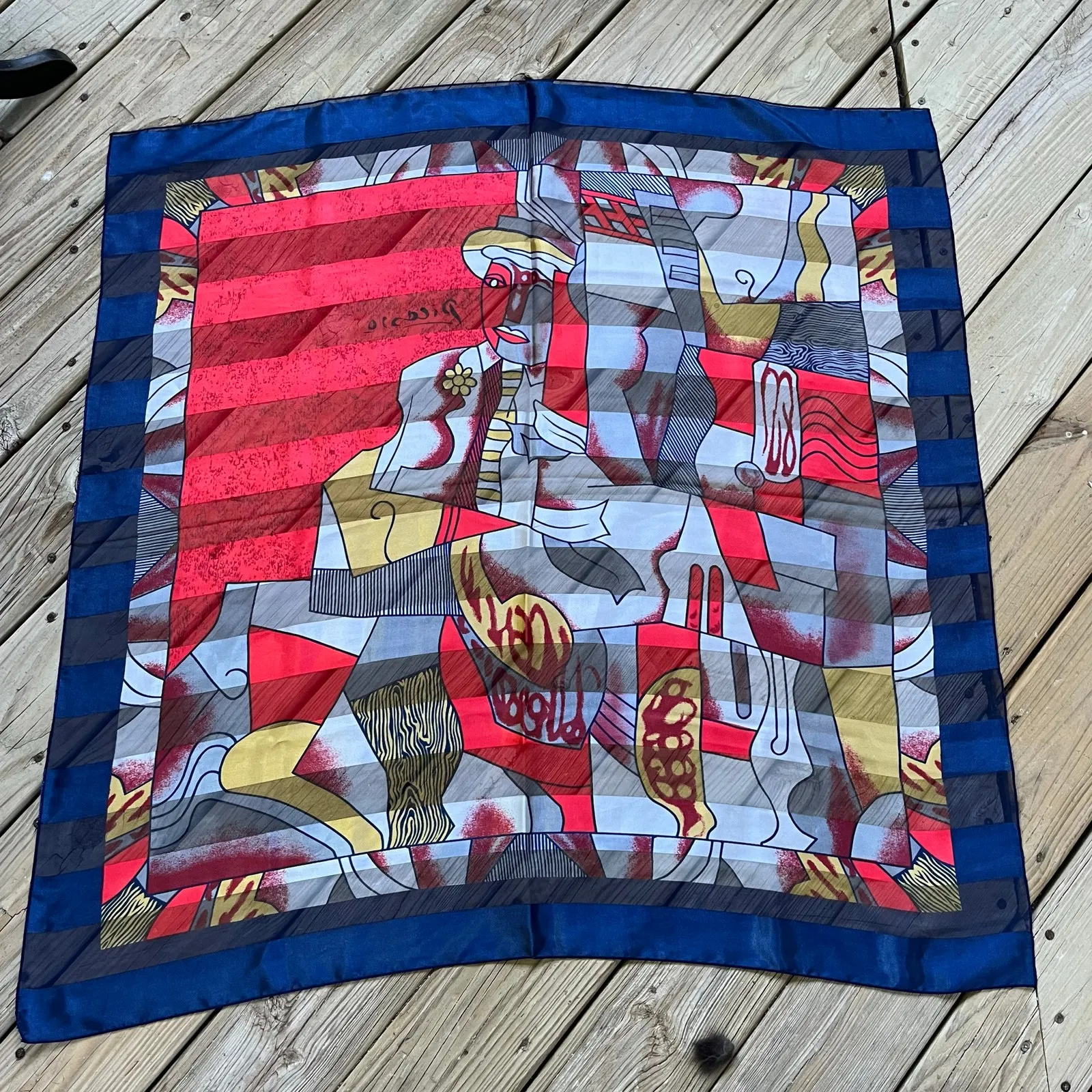 Women's Vintage Picasso Cube Art To Wear Colorful Square Scarf Red - Image 2