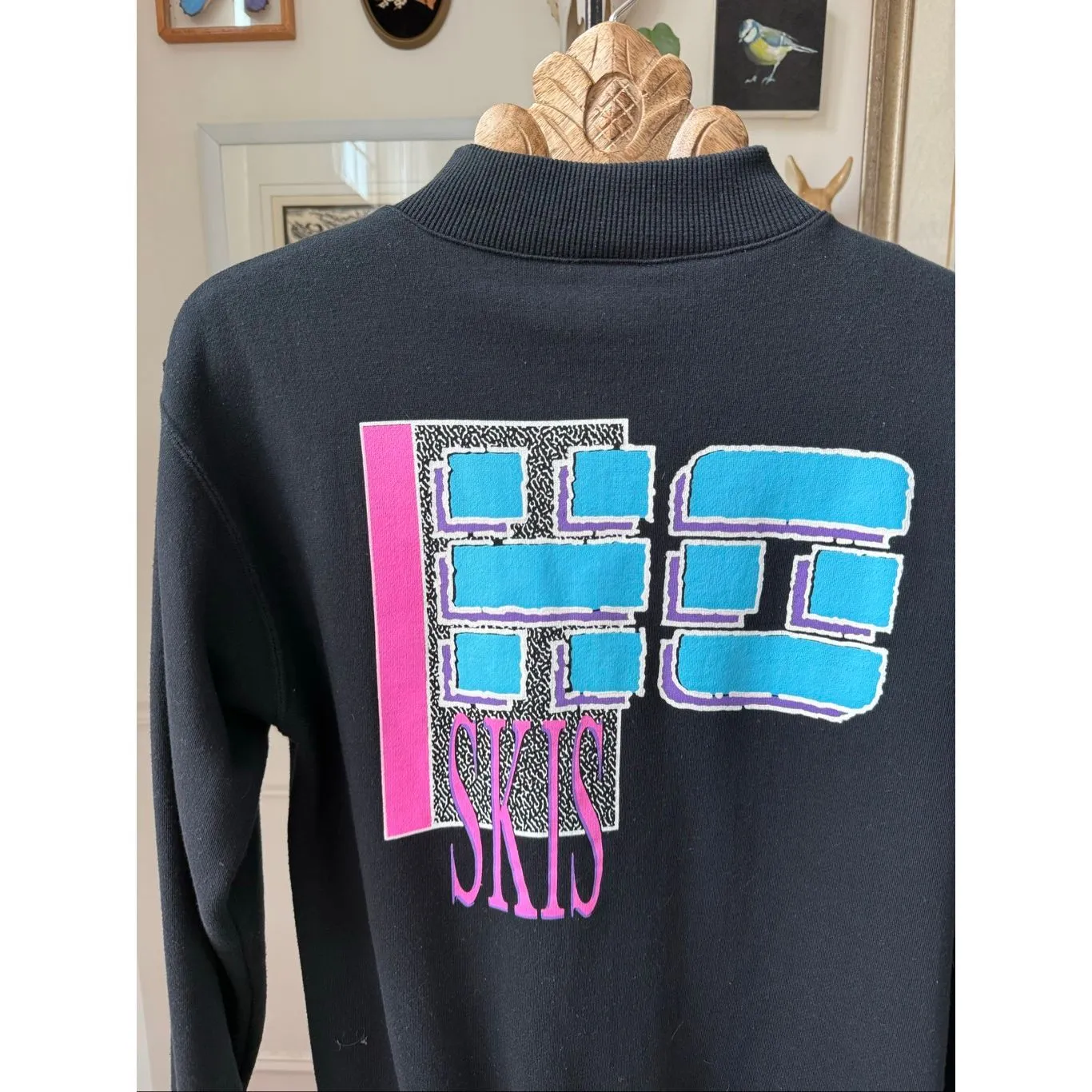 Vintage 80s 90s Ho Skis 1/4 Zip Tunic Sweatshirt Black Neon Pink Blue L Size L - Image 3
