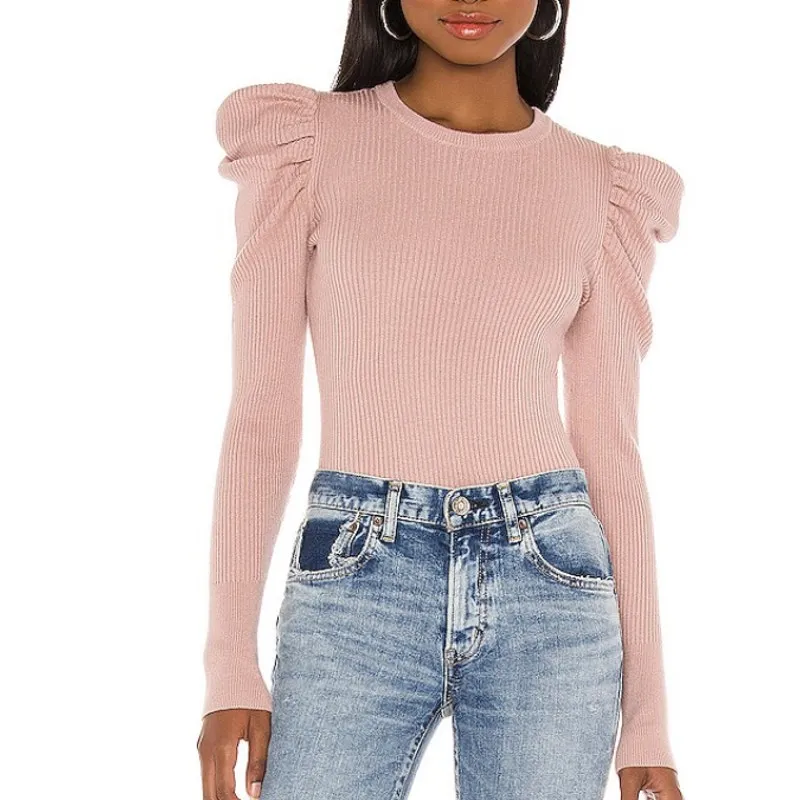 7 For All Mankind Puff Sleeve Ribbed Crew Neck in Baby Blue Size L - Image 2