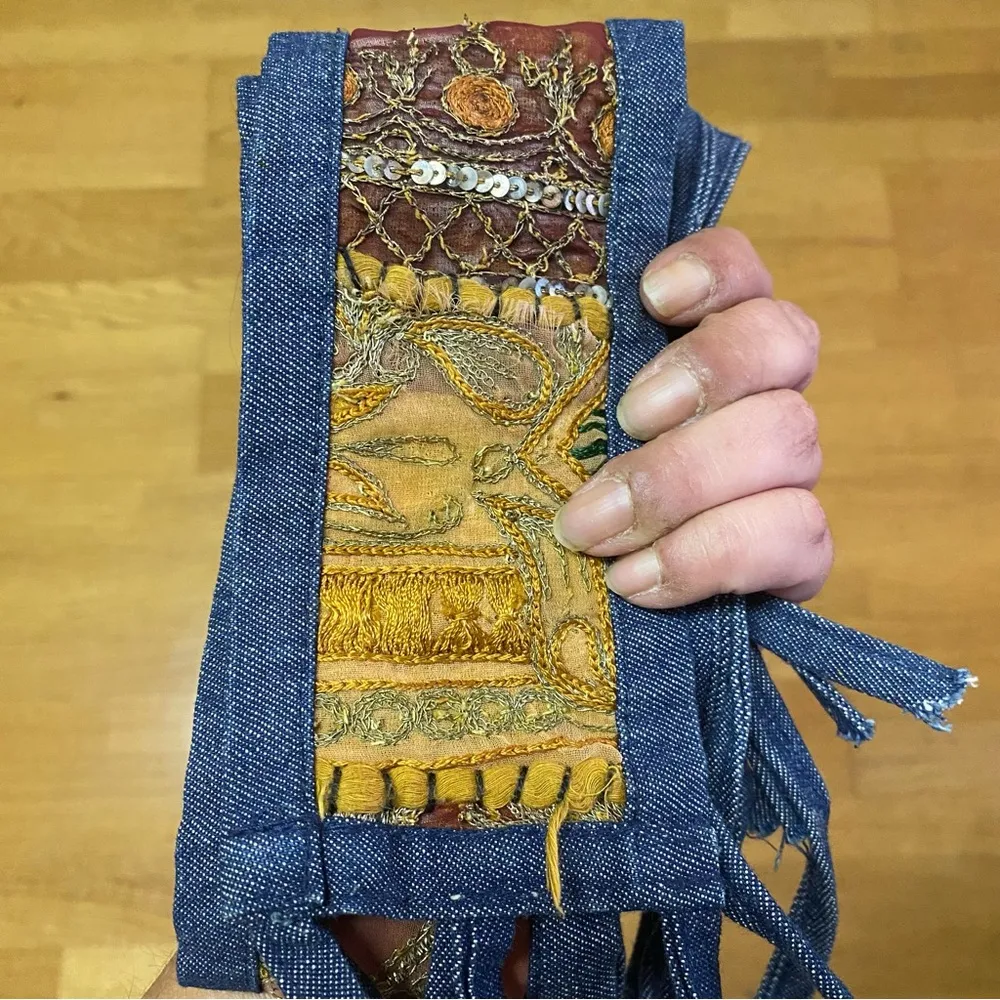 Denim Patchwork Hippie Coastal Cowgirl Boho Chic Triple Tie Sash Belt On… Blue - Image 3