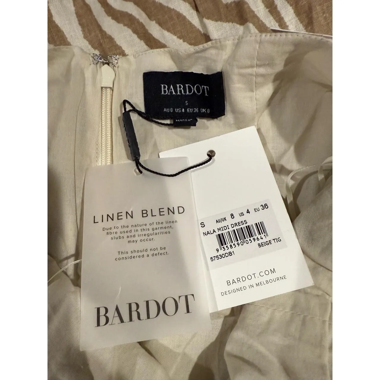 Bardot‎ Nala Linen Blend Midi Dress In Beige Tiger Size 4 - Image 4