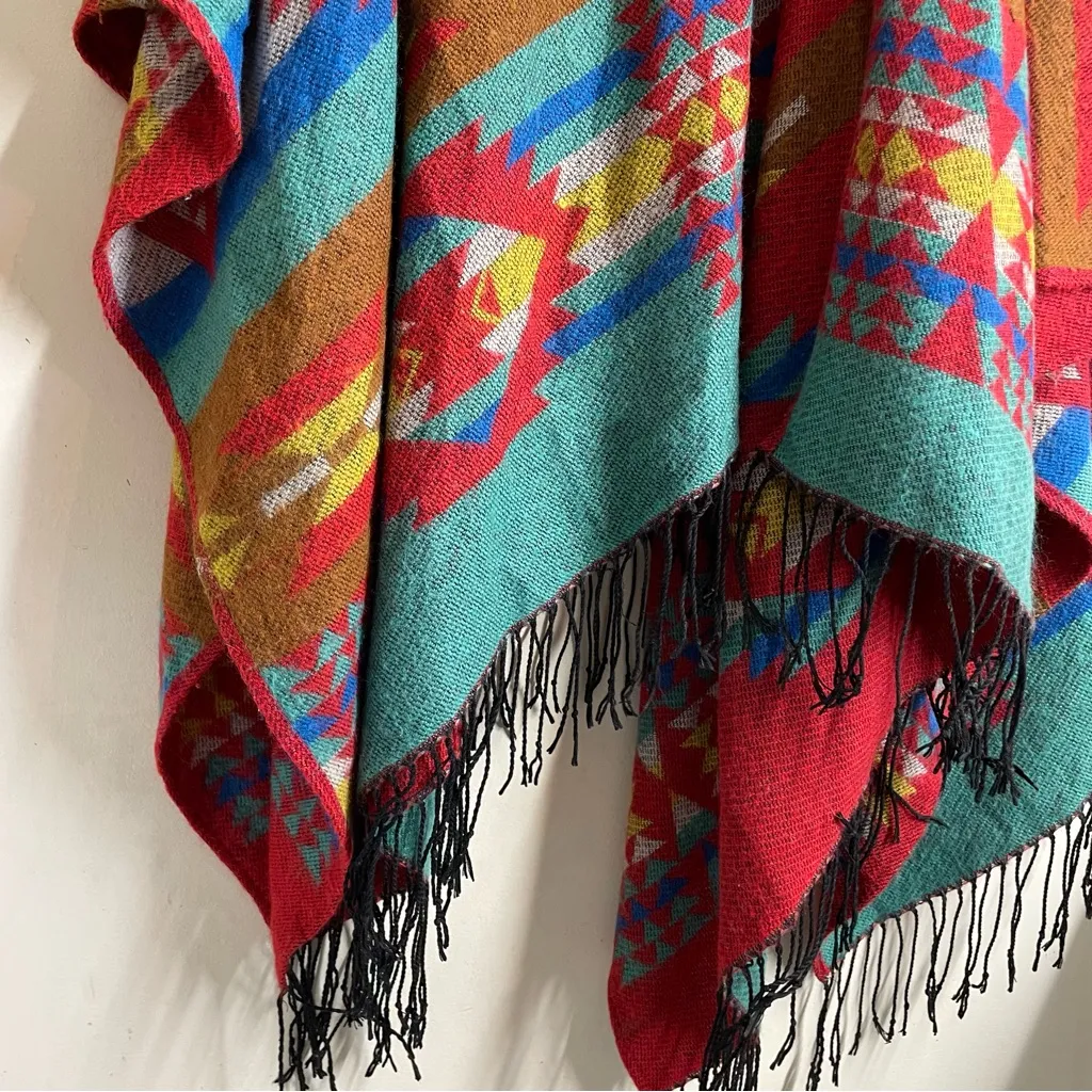 Southwestern Woven Poncho Wrap Shawl Fringe Aztec Geometric Boho - Merona - Image 7
