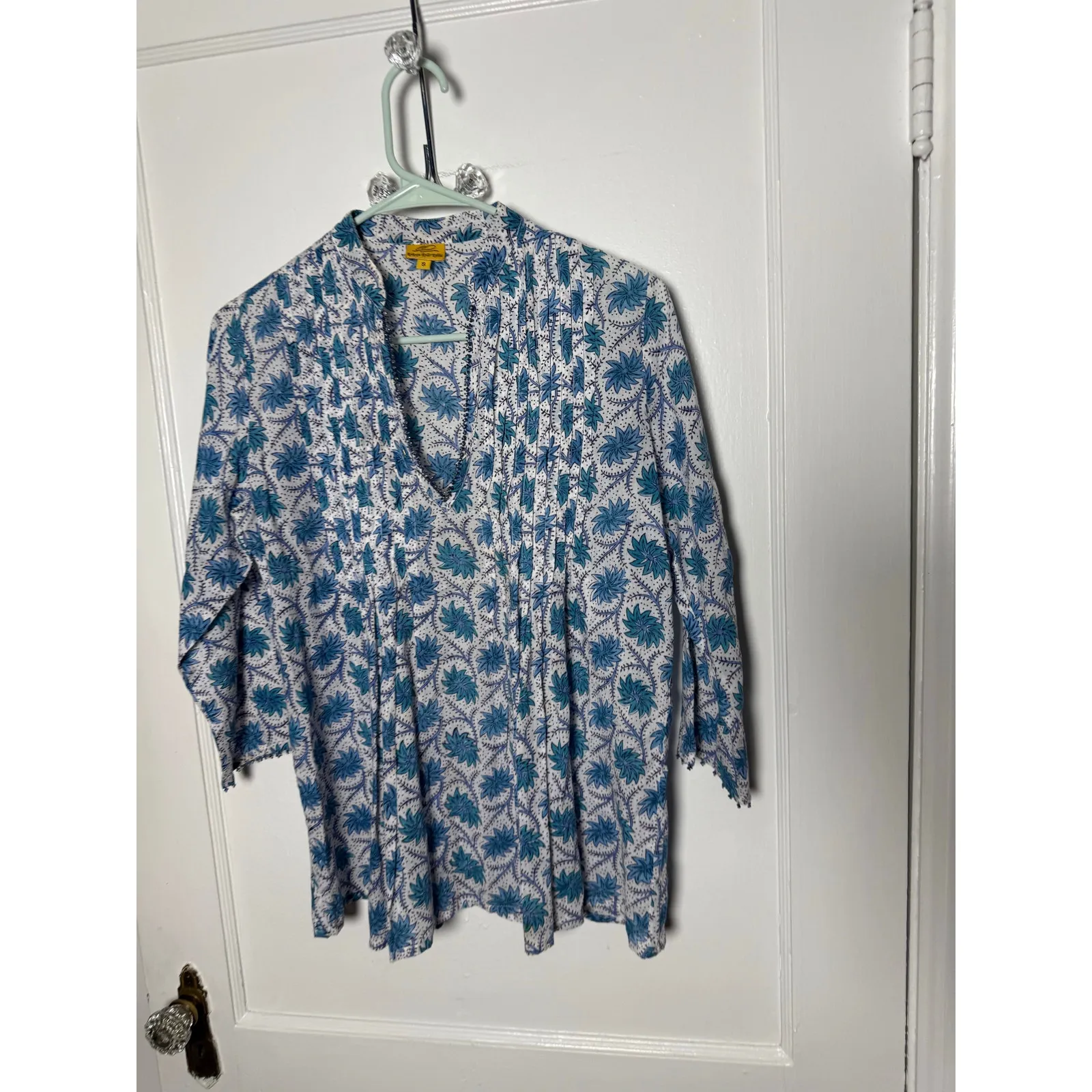 Roberta Roller Rabbit Block Print Blue Floral Cotton Tunic Top Blouse Small - Image 2