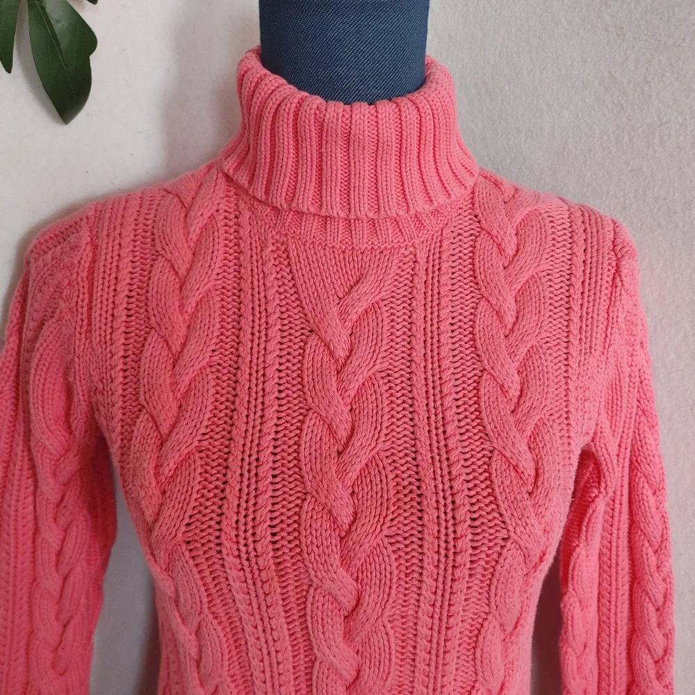 Lands' End Chunky Bright Pink Turtleneck Cable Knit Sweater - Image 2