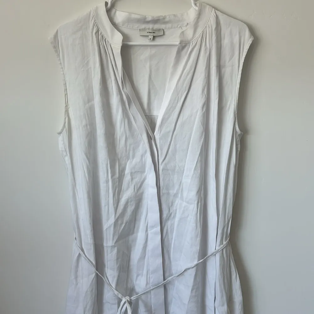 Vince Sleeveless Shirred Band Collar Linen Blend Midi Dress in White Size: M - Image 4