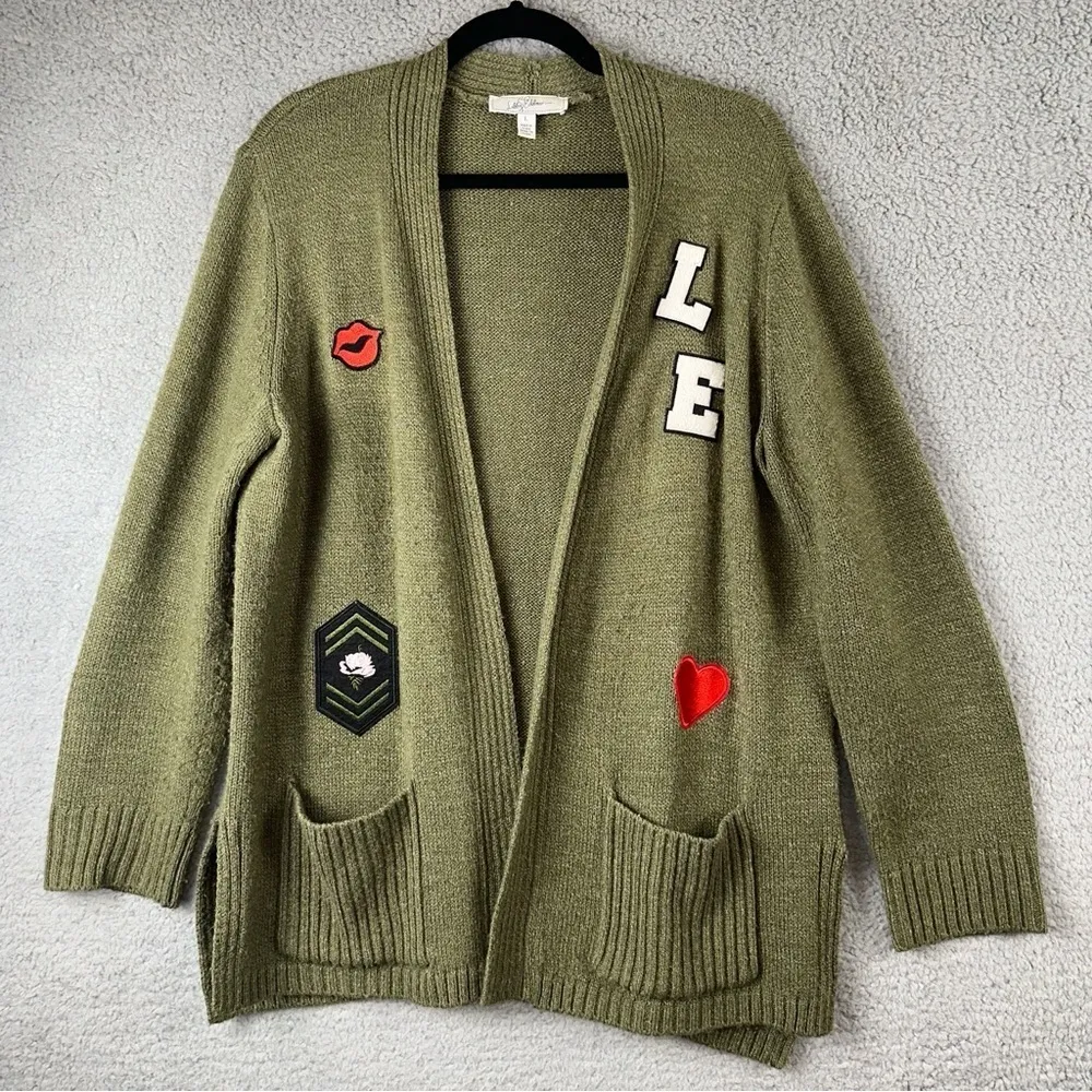 Libby Edelman Sweater Womens Large Green Letterman Patch Knit Y2K Boho Preppy - Image 3