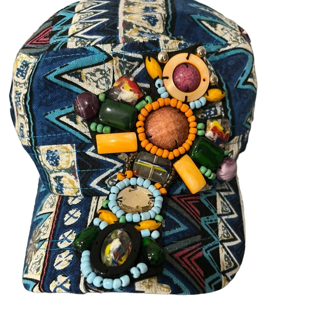 NexGen Head Wear Embellished Stones & Beads Multicolored Aztec Print Cadet Cap Blue - Image 5