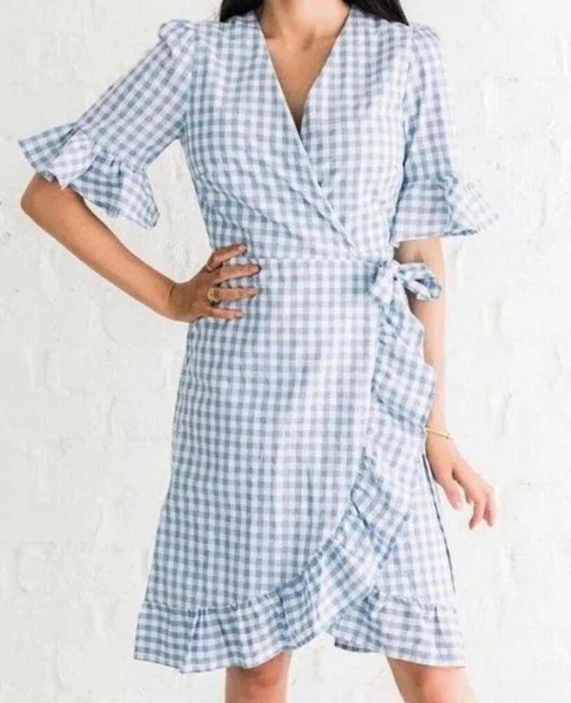 Storia Blue Gingham Wrap Ruffled Knee Length Dress Women’s Size Small Dorothy - Image 8