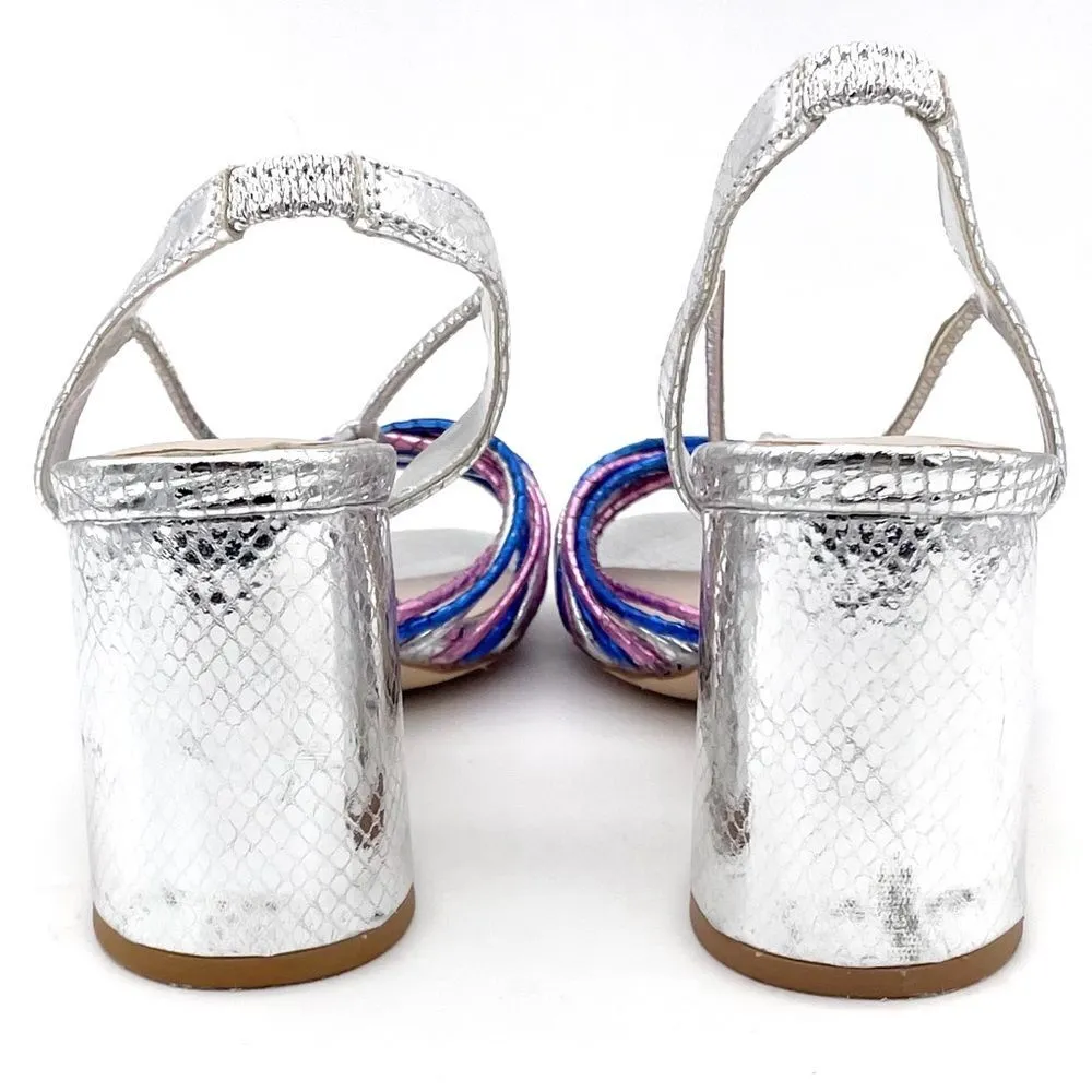 Zara Silver Metallic Block Heel Strappy Sandal Colorful Disco Shoes Size 38 7.5 - Image 10