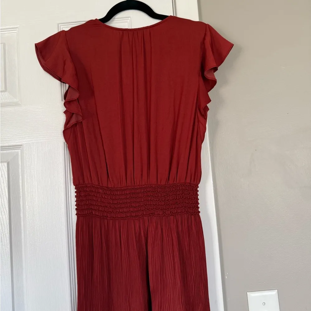 Current Air Smocked Pleated Jumpsuit Satin Women V-Neck Orange Rust Cap Sleeve - Image 11