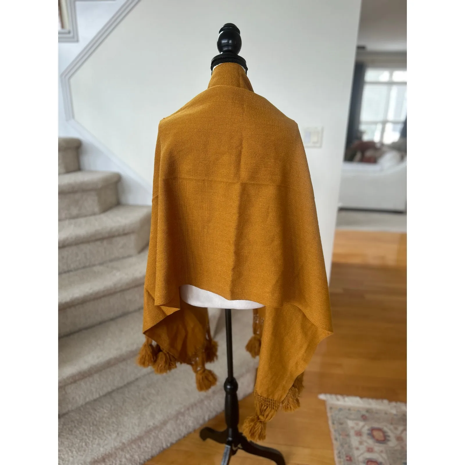 Vintage 70s Mustard Yellow Pom Pom Tassel Tapestry Oversize Scarf Wrap Pasmina - Image 3