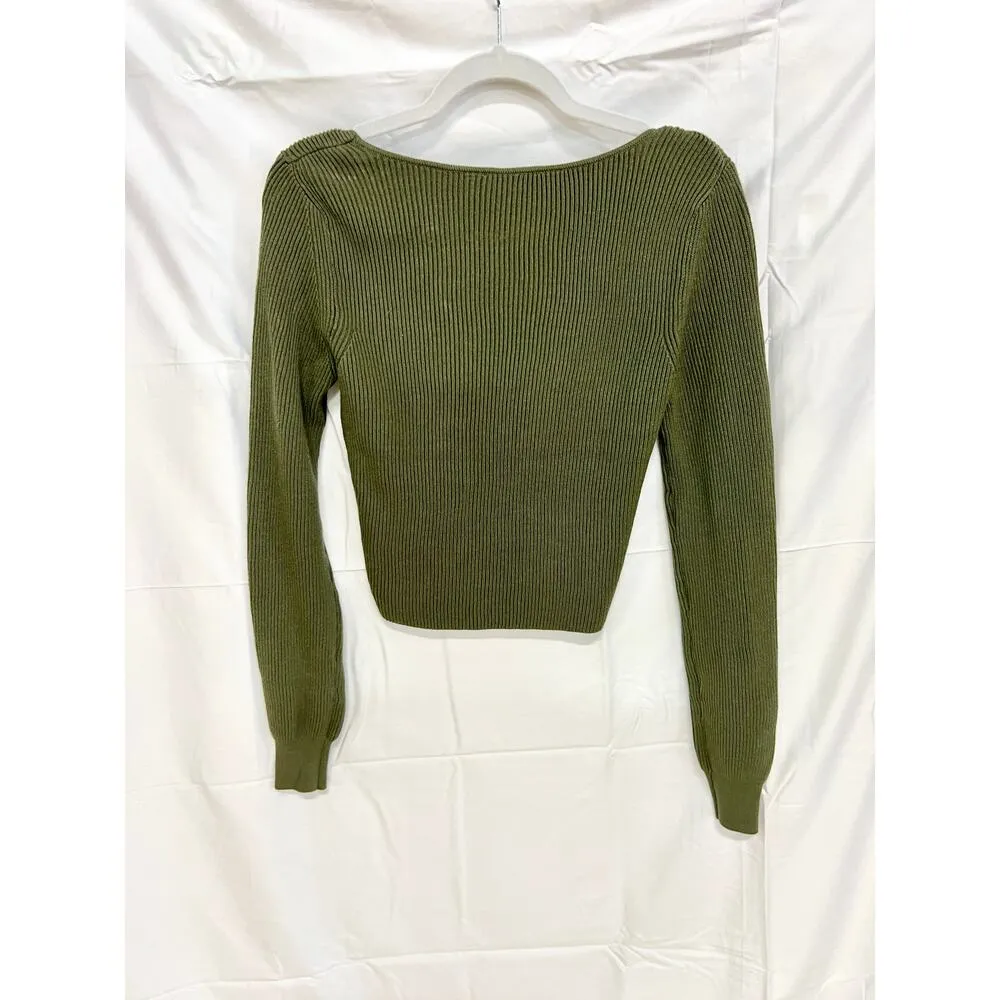 House of Harlow 1960 Long Sleeve Ribbed Cross Over Front Cropped Sweater Green S - Image 5