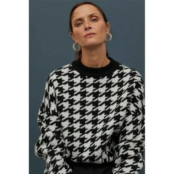 H&M Wool Blend Houndstooth Pullover Knit Chunky Black & White Sweater Size S - Image 2