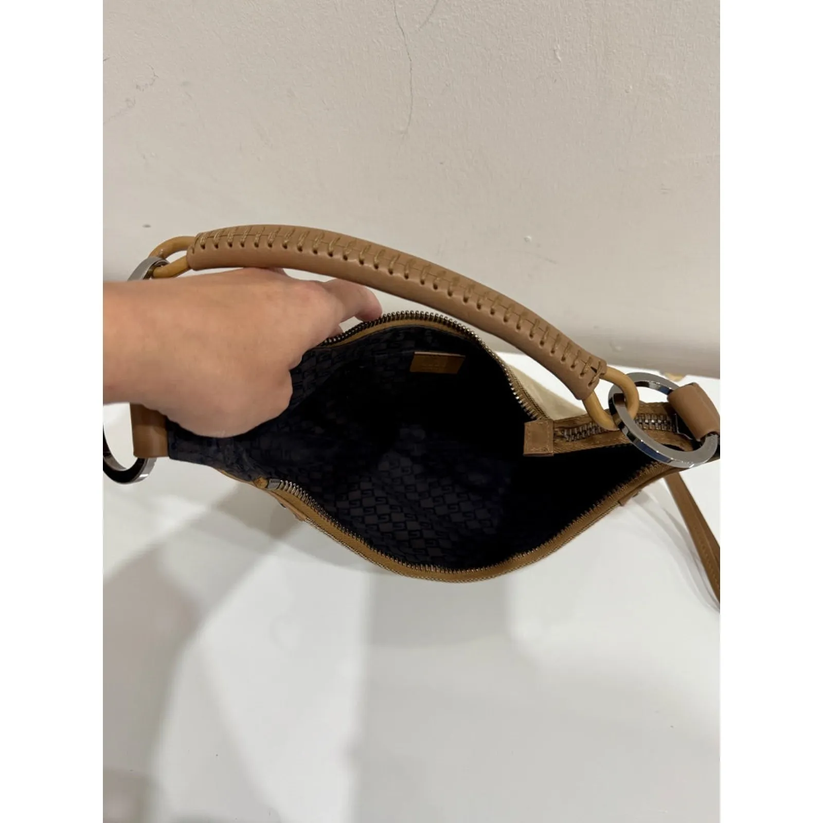 Vintage Gucci Small Canvas Moon Hobo Shoulder Bag Beige - Image 10