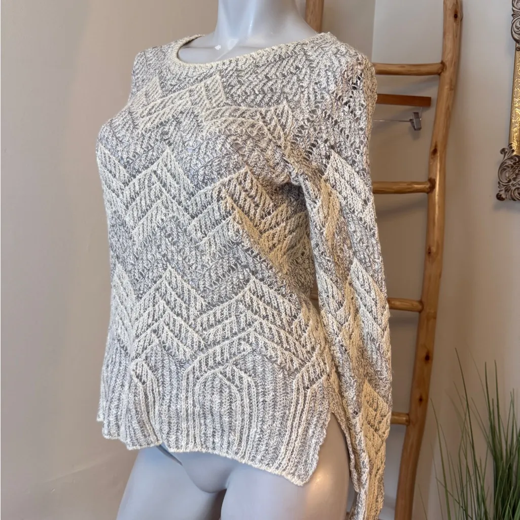 LUCKY BRAND Womens Metallic Silver Chevron Stripe Open Knit Sweater Size Small - Image 2