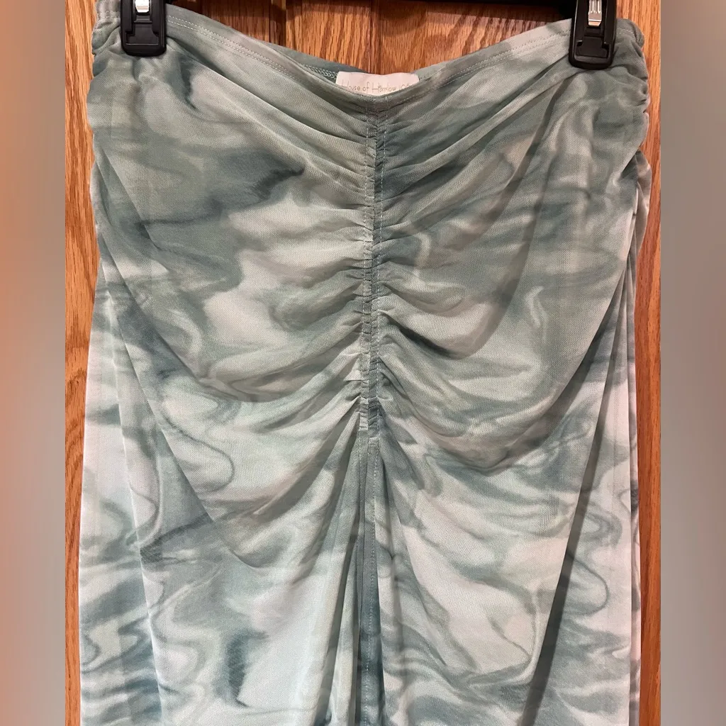 House of Harlow‎ 1960 Green Marbled Tie Dye Mesh Ruched Midi Skirt Size Medium - Image 2