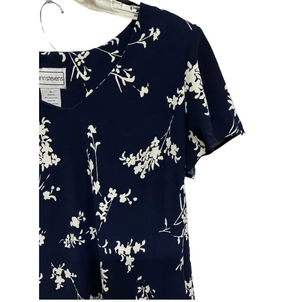 Karin Stevens Navy and White Vintage Floral 2 Piece Dress Top and Skirt Size 16 - Image 2