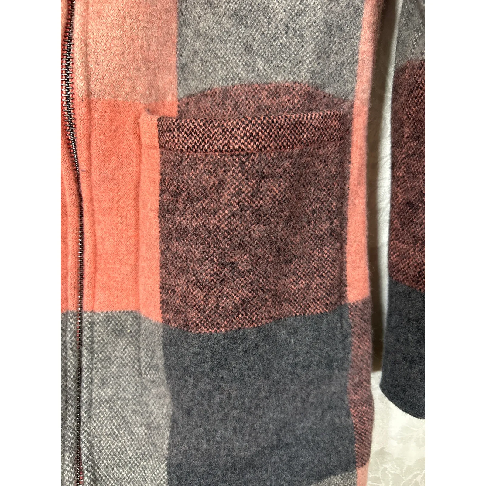 Field Flower Sweater Jacket Small Pink Gray Plaid Full Zip 100% Wool Cardigan - Image 2