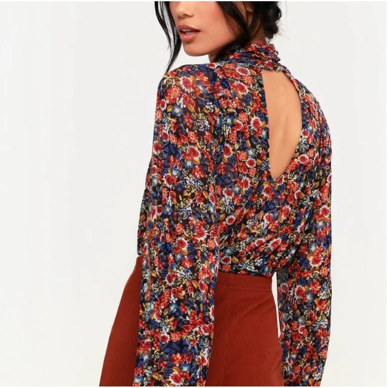 Free People Black Floral Mock Neck Cutout Long Sleeve Cropped Blouse - Image 2