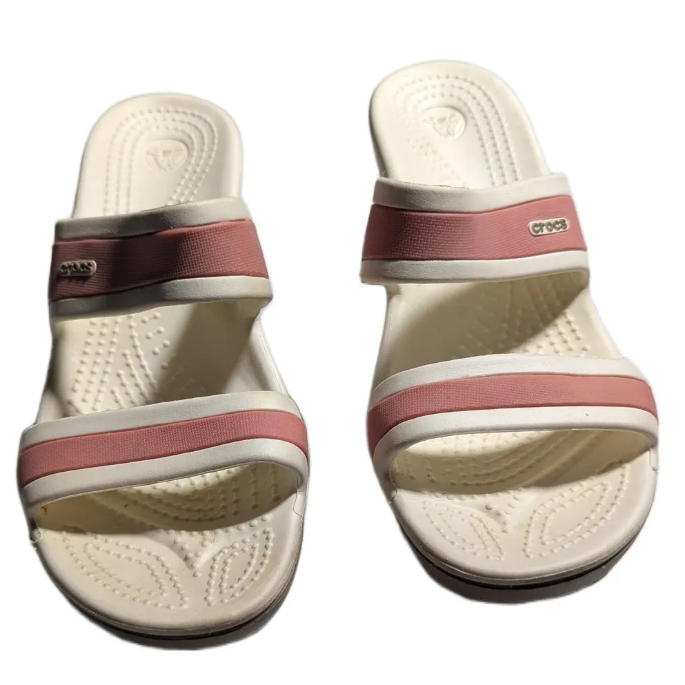 Crocs Shima Pink White Double Strap Taupe Wedge Heel Comfort Slide Sandals Sz 7 - Image 3