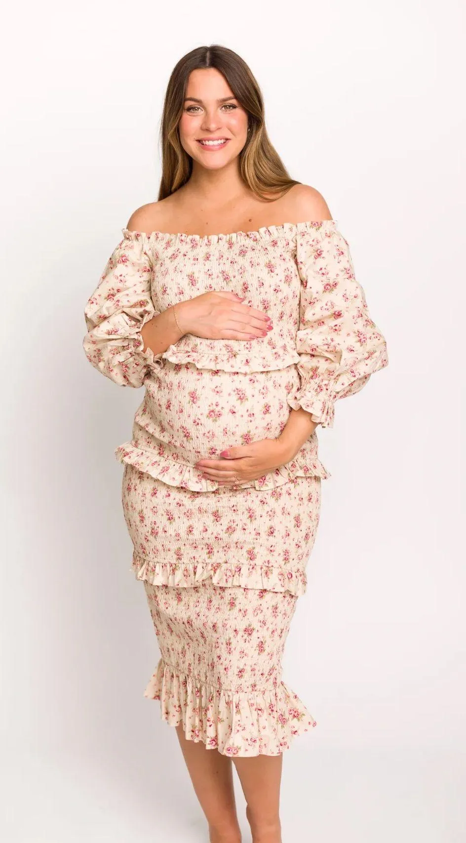 Lila Floral Printed Smocked Midi Dress in Pink - Bump Friendly/Maternity - Image 2