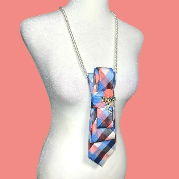 “Dainty Dapper”Colorful Checkered Tie necklace with Floral Pin Pink - Image 4