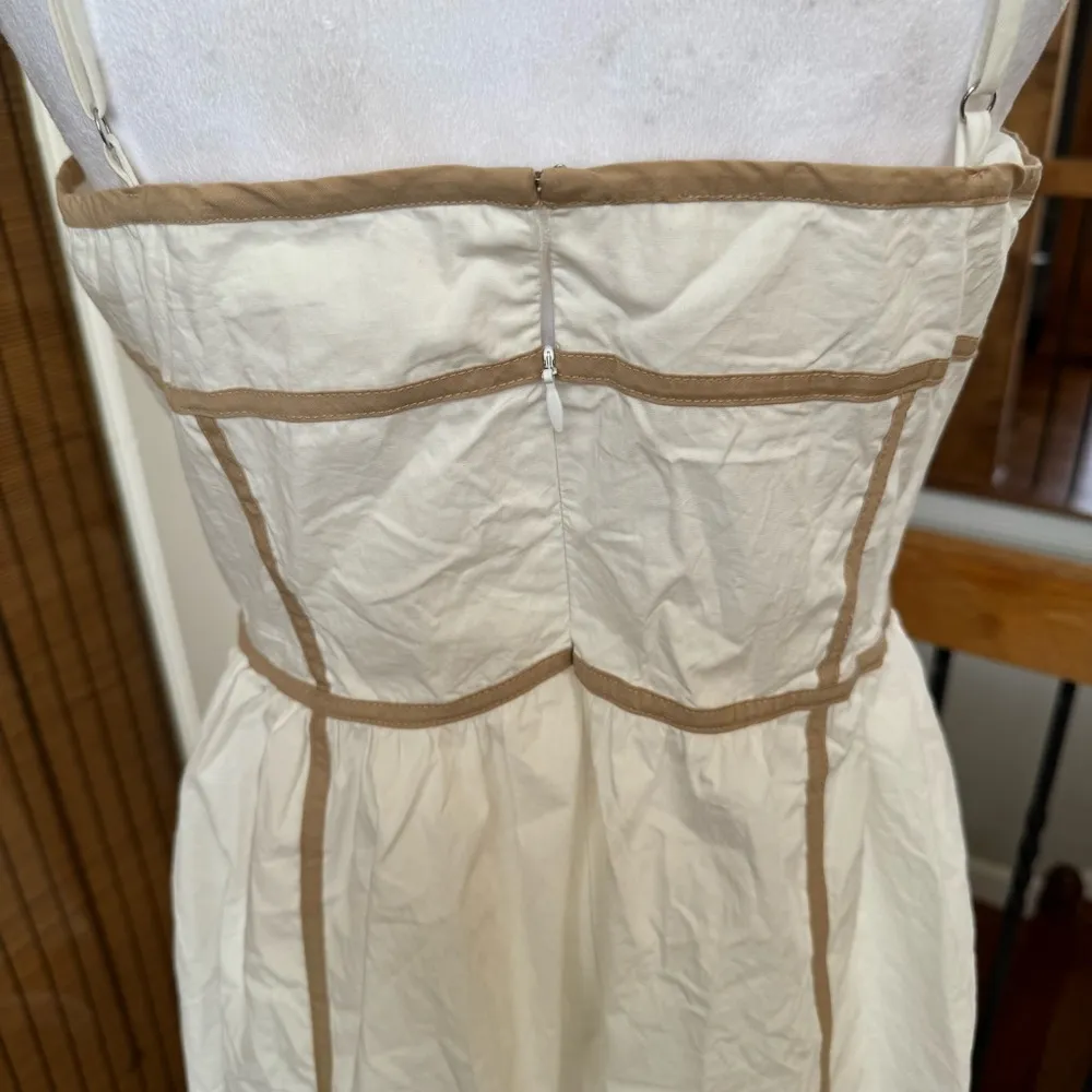 LALAVON 100% cotton Chic Ivory Spaghetti Strap Dress with Tan Piping new - Image 2