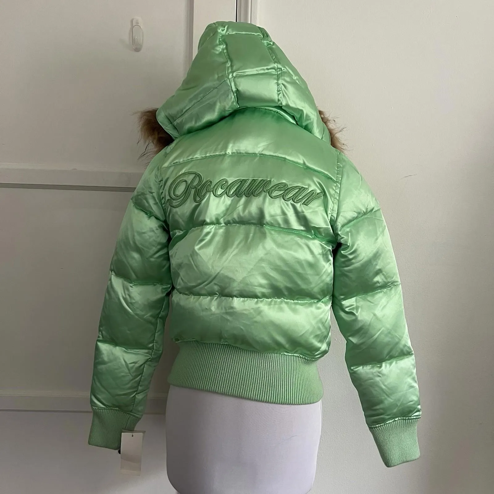NWT Vintage ROCAWEAR Puffer Jacket Womens XS Y2K Mint Green Fur Hood Pom Pom New - Image 8