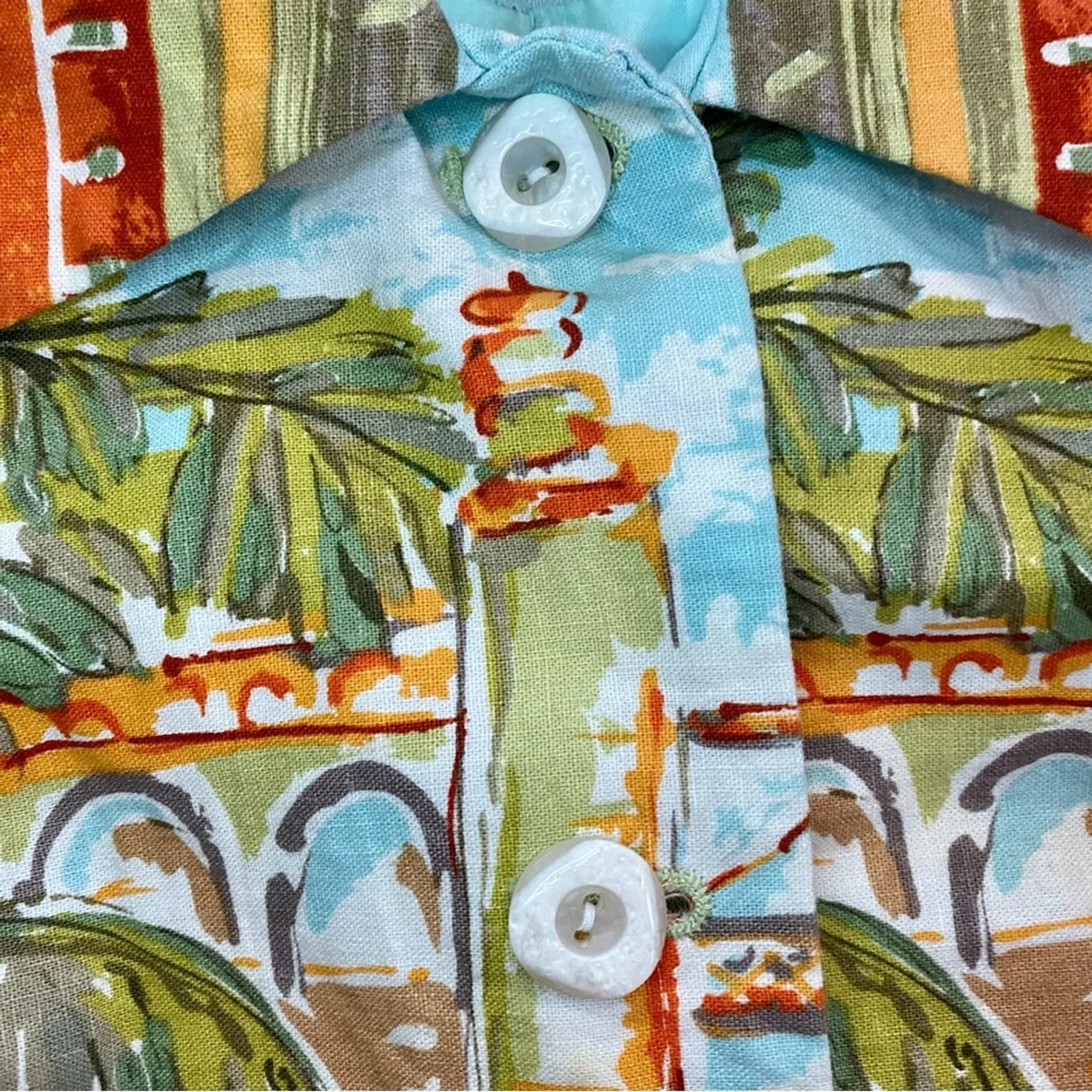 Coldwater Creek Villa Cityscape Blue Retro Linen Jacket Shacket Womens Small - Image 4