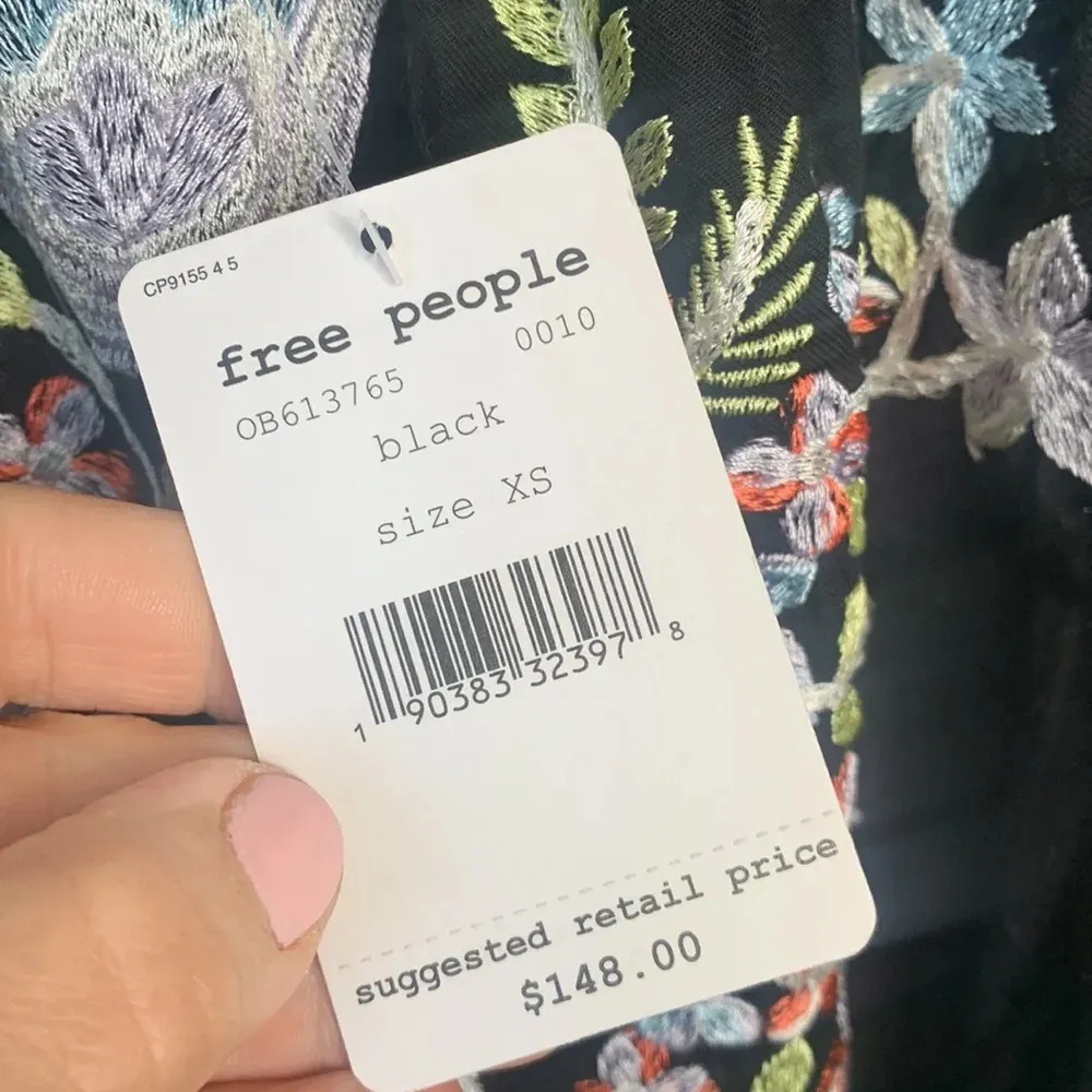 Free People Boho Fleur Du Jour Floral Embroidered Black Dress Size XS W-043 - Image 7