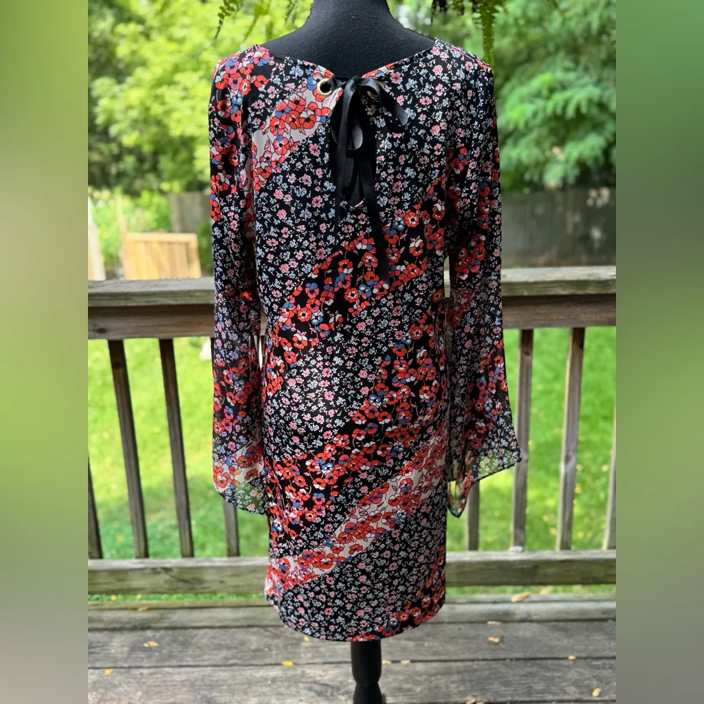 Westport 1962 dressbarn Floral Shift Dress Bell Sleeves Ribbon Tie Back - Image 3