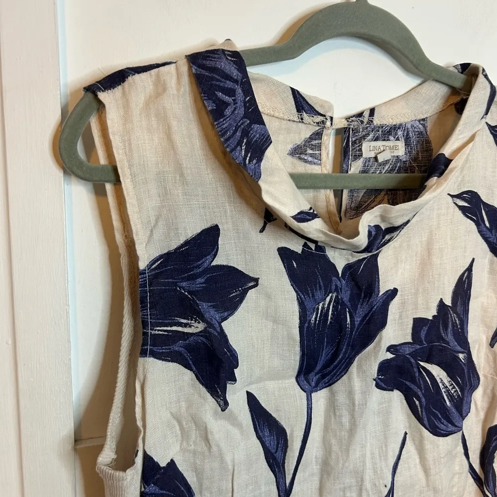 Lina Tomei Cream and Navy Blue Floral Linen Summer Dress Size L - Image 5