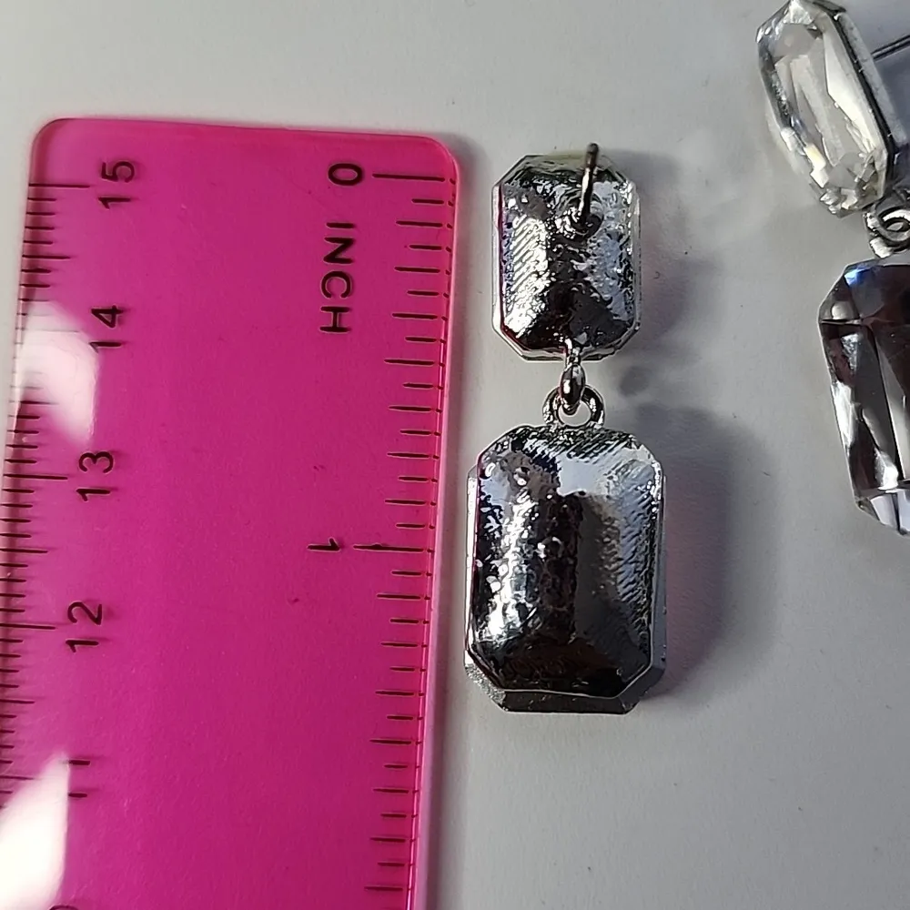 Silver Emerald Cut Crystal Drop Earrings - Image 5