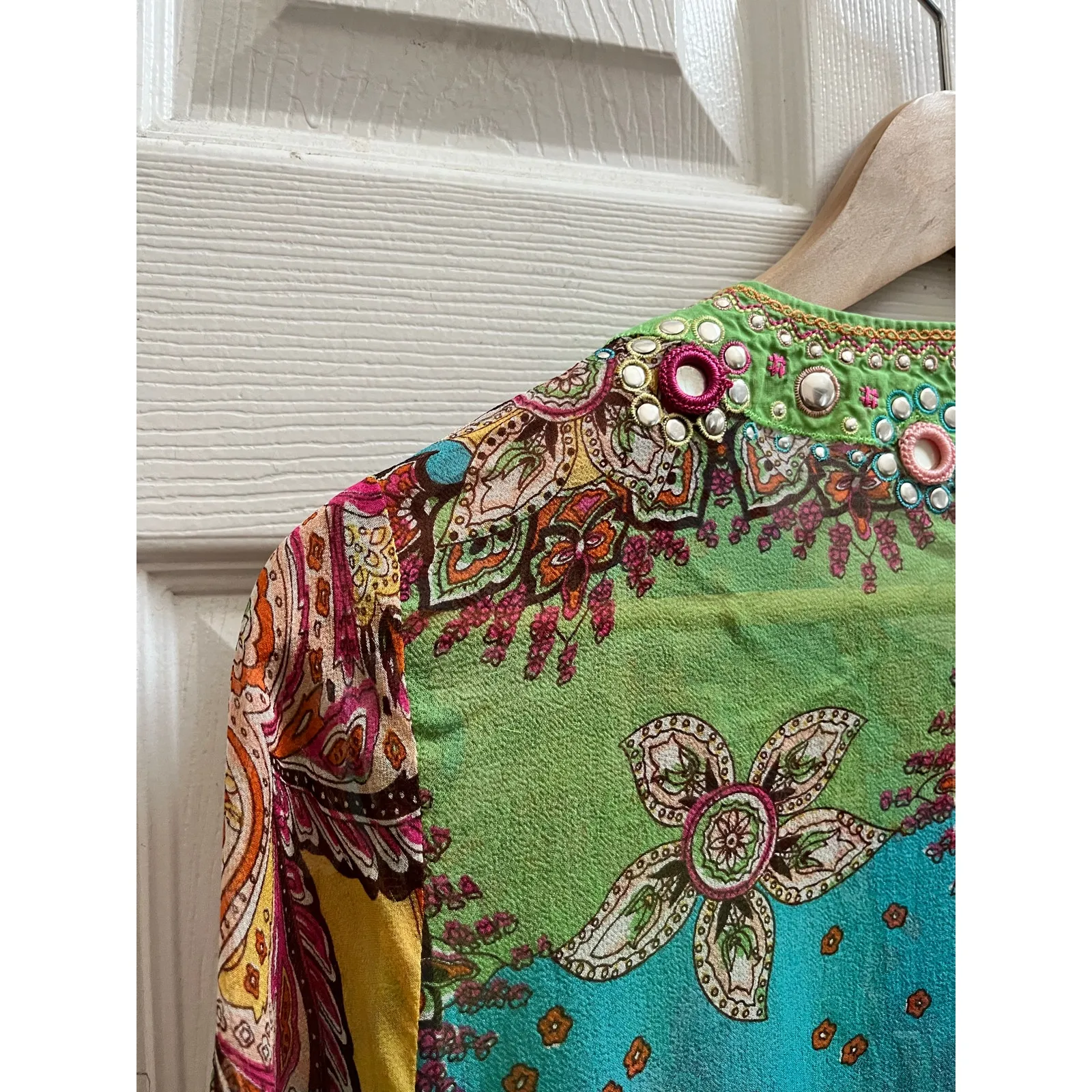 Saint Tropez West Silk Semi Sheer Multicolor Stud Embellish Cover Up Tunic Large - Image 7