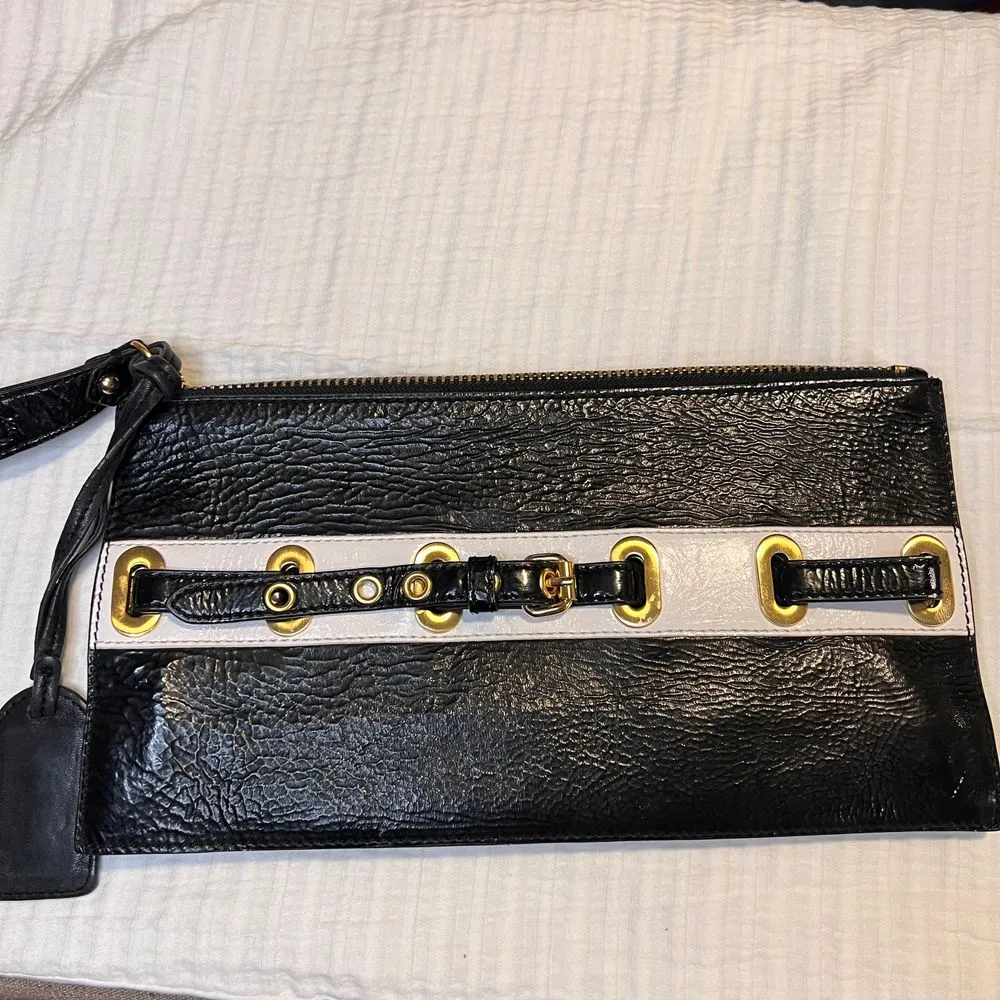 Carlisle Black & White Patent Leather Clutch w/Gold Hardware and‎ Buckle Detail - Image 2