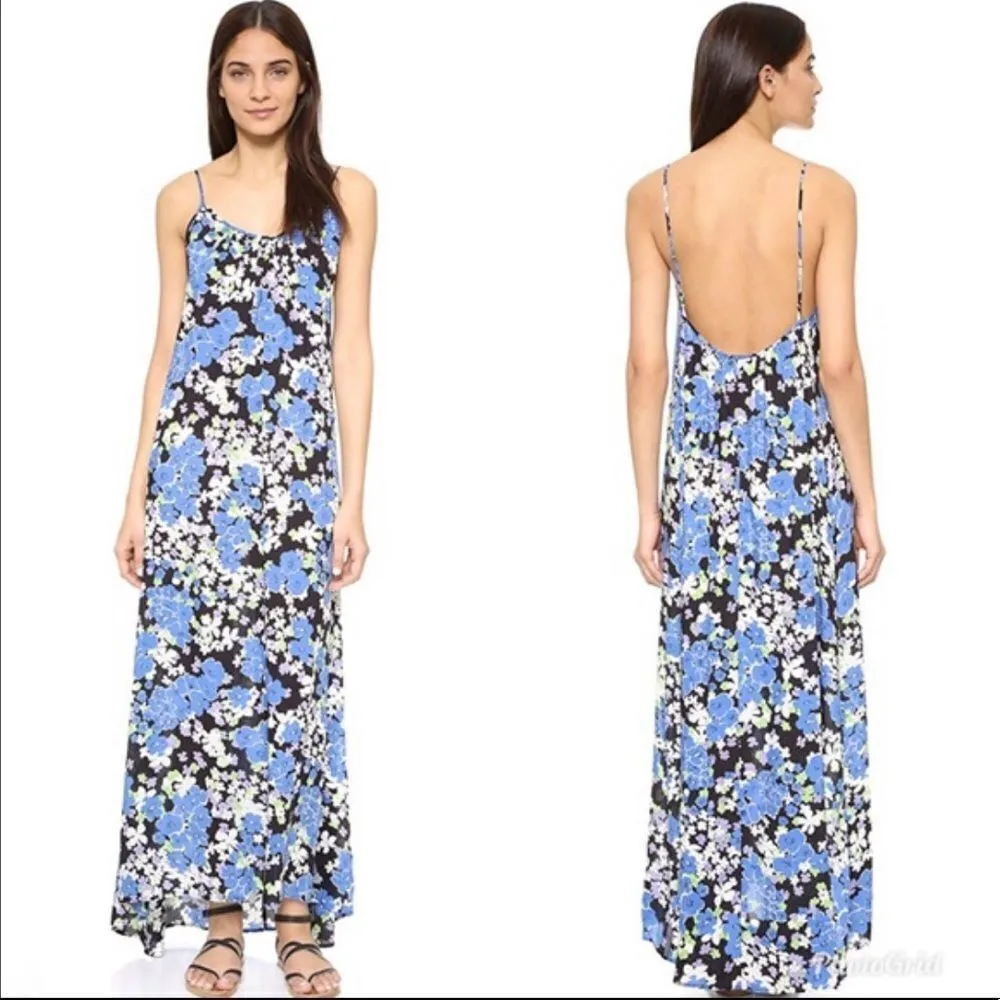 WILDFOX Floral Maxi Slip Dress Swim Coverup Low Back Spaghetti Strap Blue‎ Small - Image 12