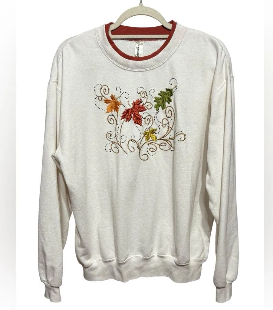 🍂 Cozy Fall Multicolor Leaf Embroidered Sweatshirt with Bead Embellishments 🍁 L White Size L - Image 2