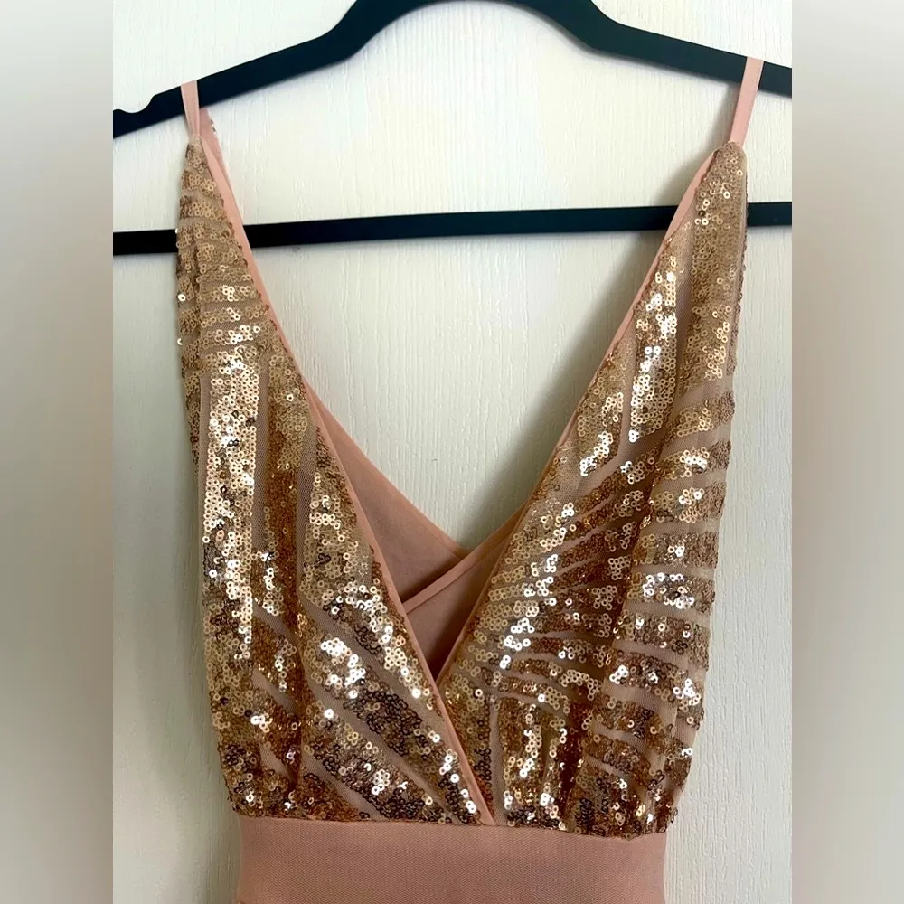 Spaghetti Strap‎ Sequin Crisscross Backless Mesh Prom Long Gown Medium Pink Size L - Image 4