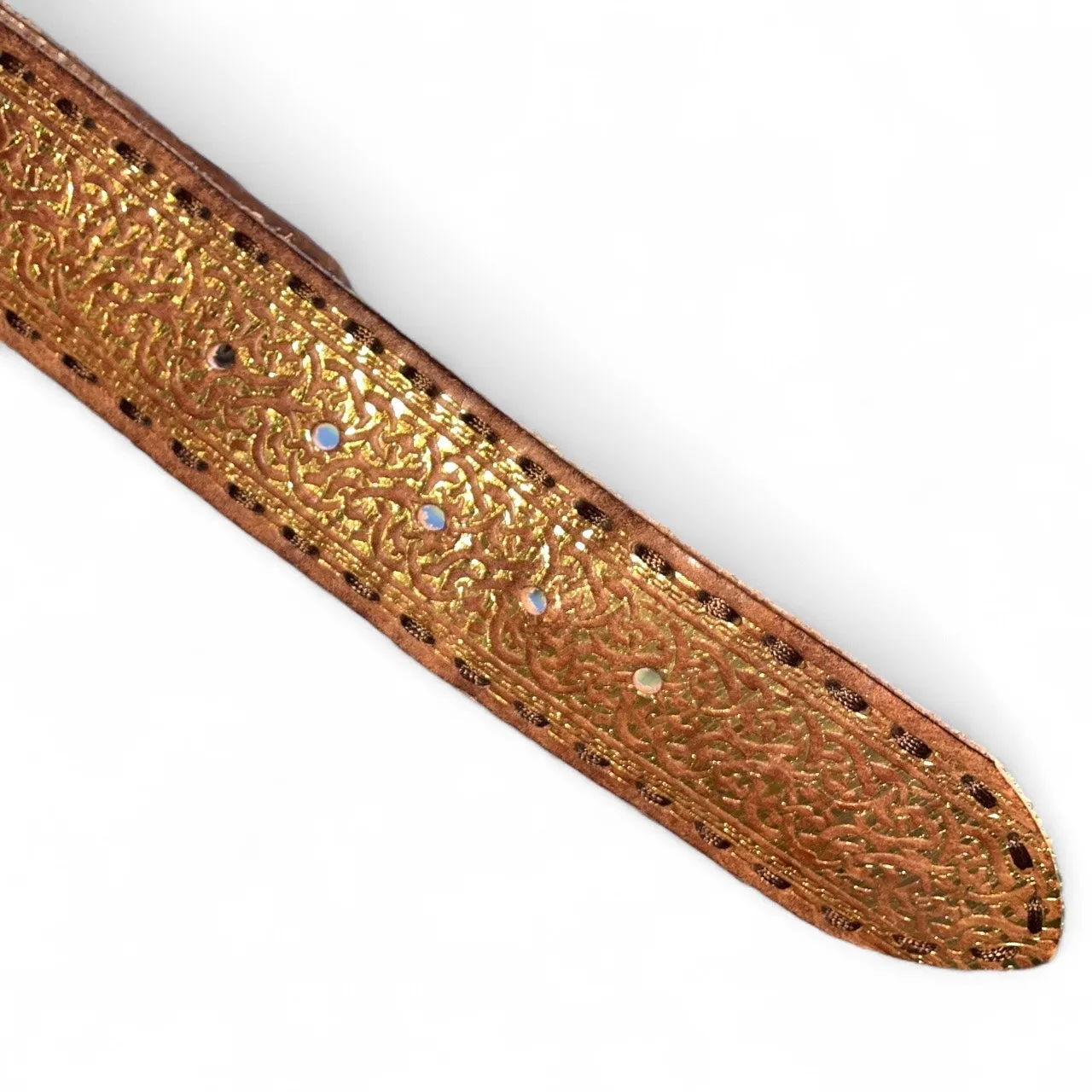 Golden Embossed Brown Leather Belt with Solid Brass Buckle size Medium - Image 2