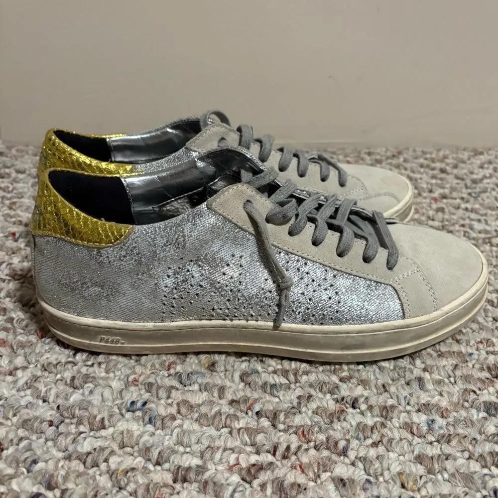 P448 John Low Top Leather Sneakers in Gold Silver- Size 38 (Size 7.5/8) - Image 1