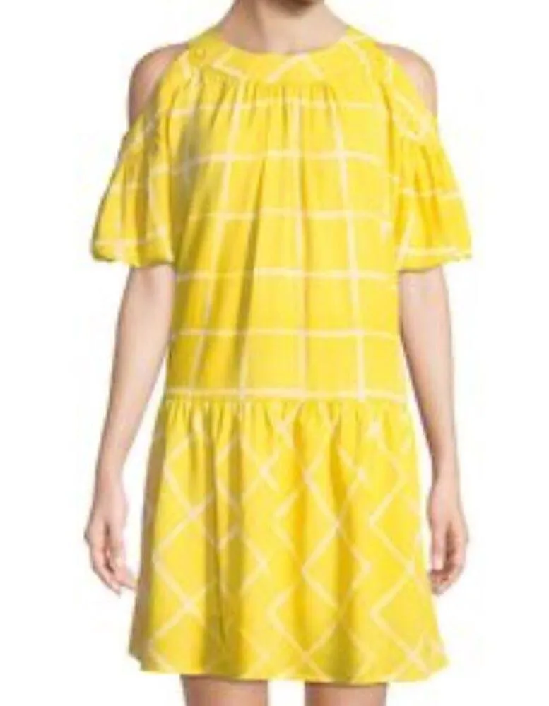 MOON RIVER women’s size medium puff sleeve Yellow Cold Shoulder Dress lined NWT - Image 12