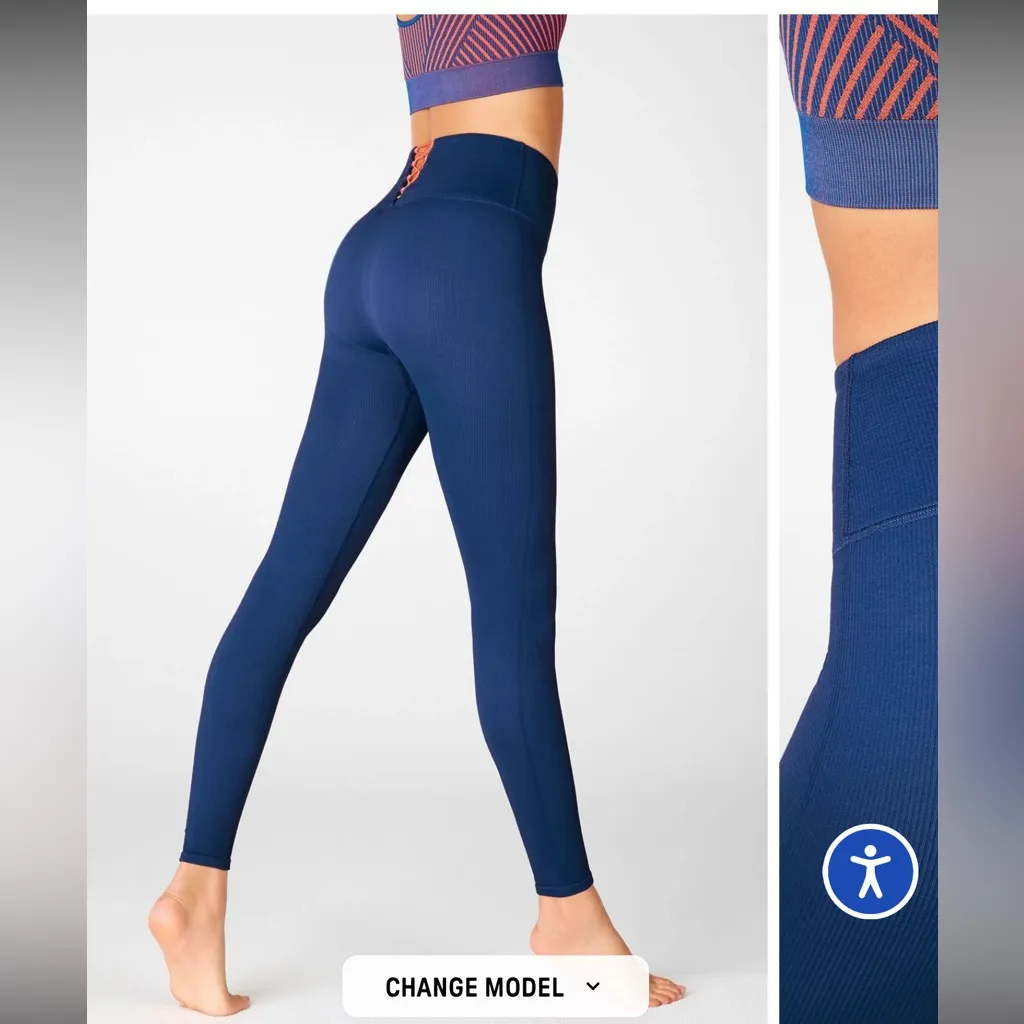 Fabletics High Waisted Seamless Ribbed Legging Corset Workout Yoga Teal Blue XL - Image 2