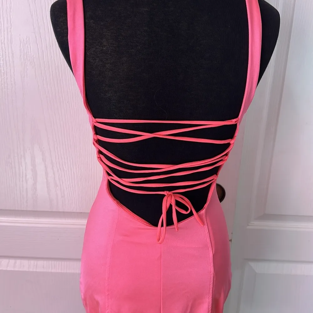 LUCY IN THE SKY NEON PINK LACE UP BACK PARTY DRESS - Image 3