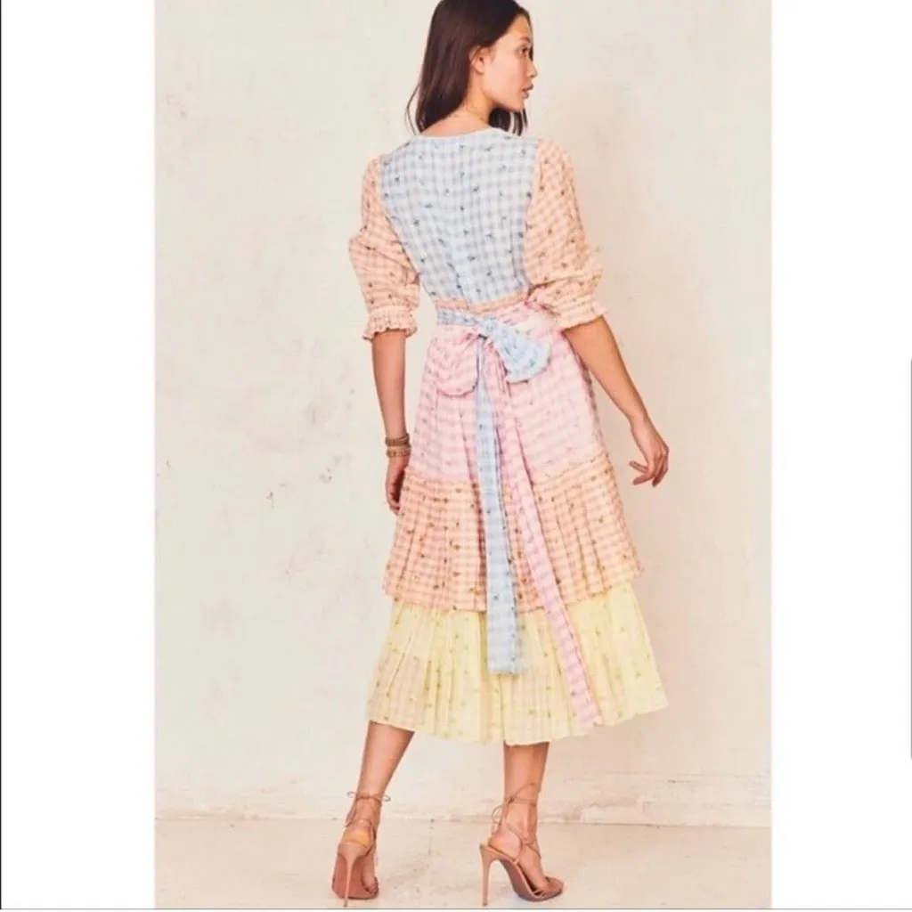 LoveShackFancy ruffle gingham Pastel Plaid pink yellow blue checkered midi dress - Image 2