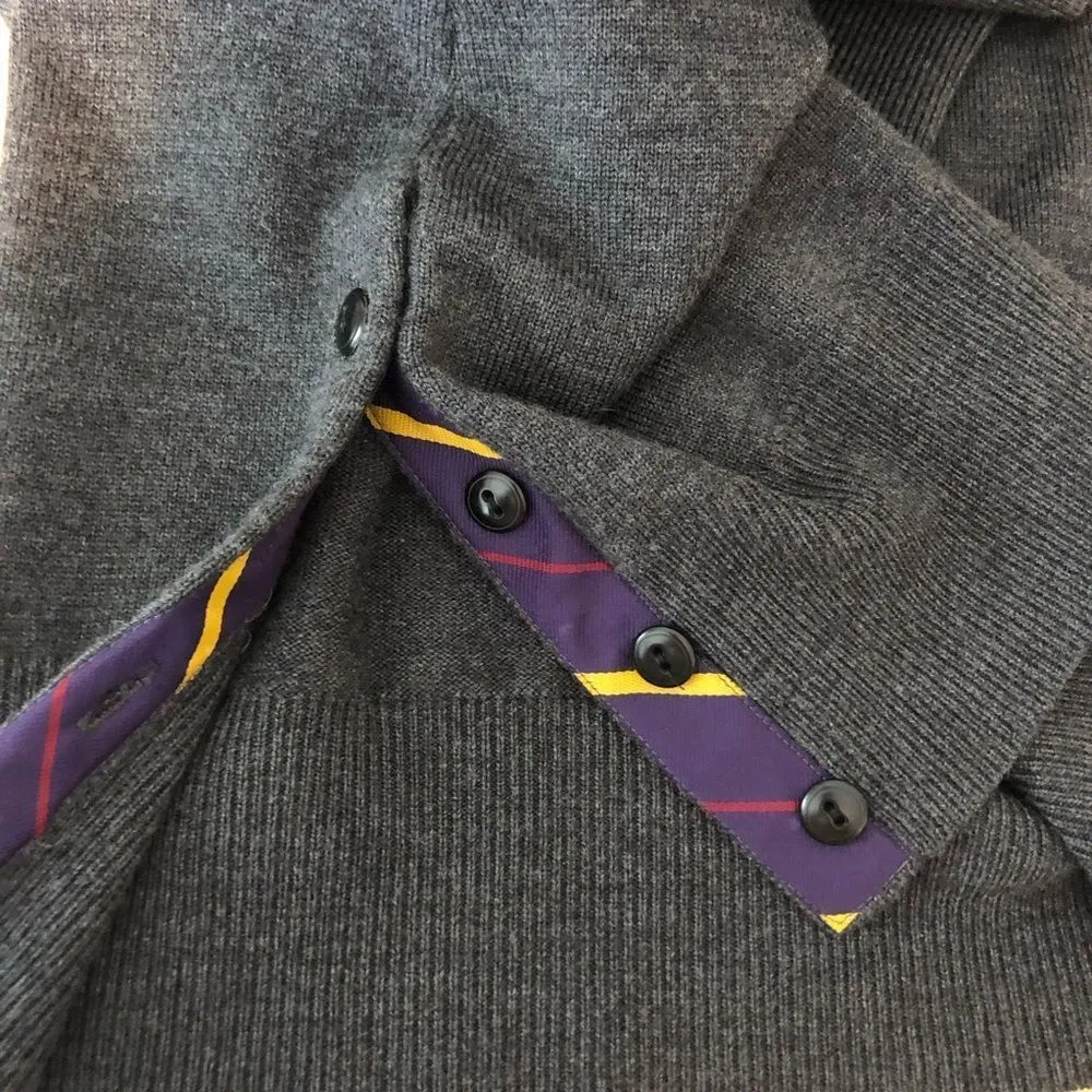 Y2K Ralph Lauren Rugby Grey V Wool Back Sweater Dress Striped Button Slit size M - Image 8