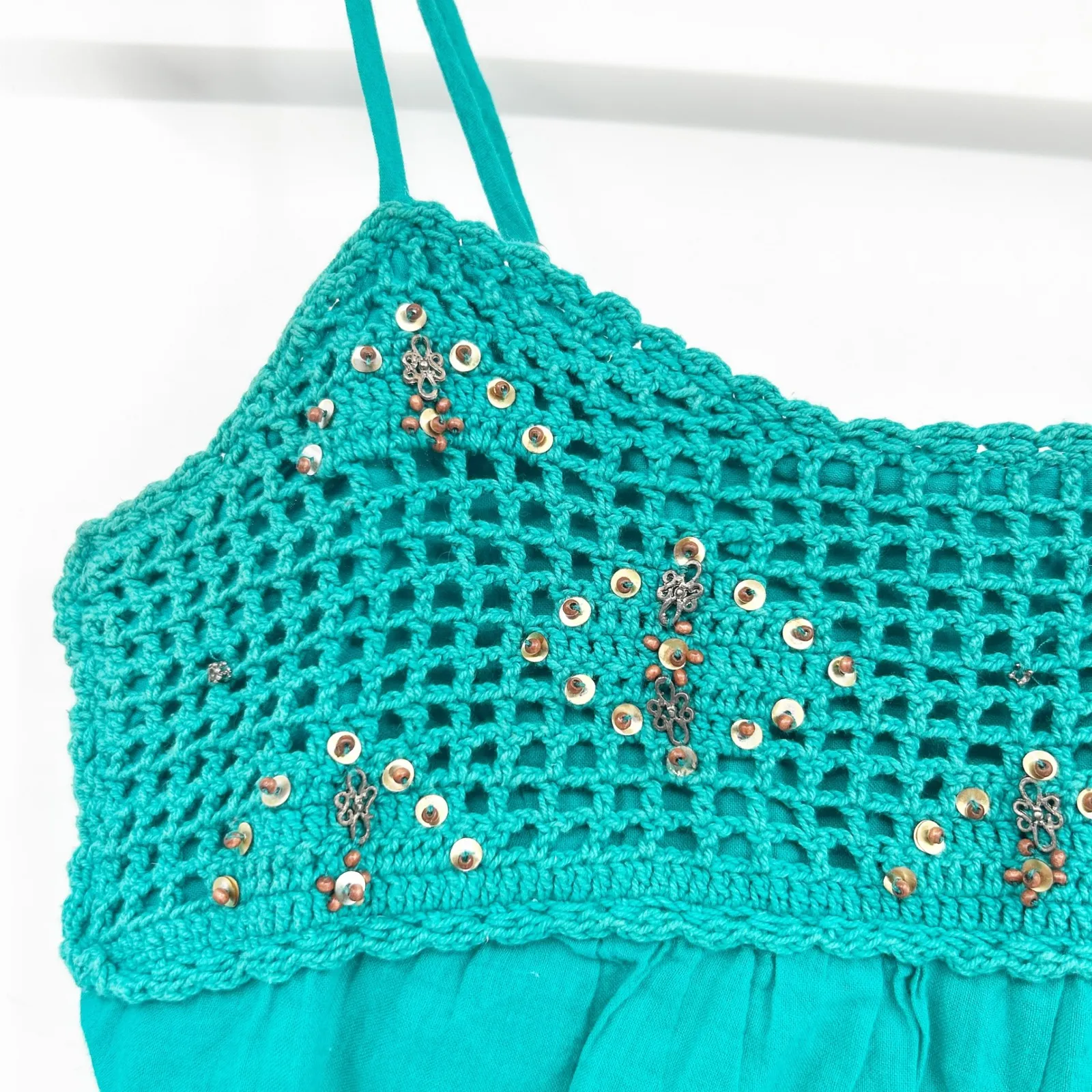 Forever 21 Womens Vintage Y2K Boho Teal Crochet Sequin Babydoll Top Size S - Image 2