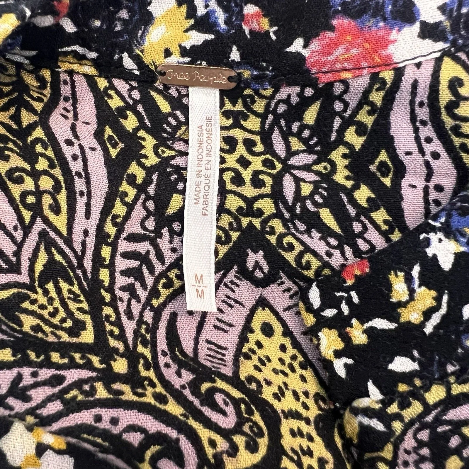 Free People Bohemian flowy Mini Dress M Black Floral Button Front Bell Sleeve - Image 2