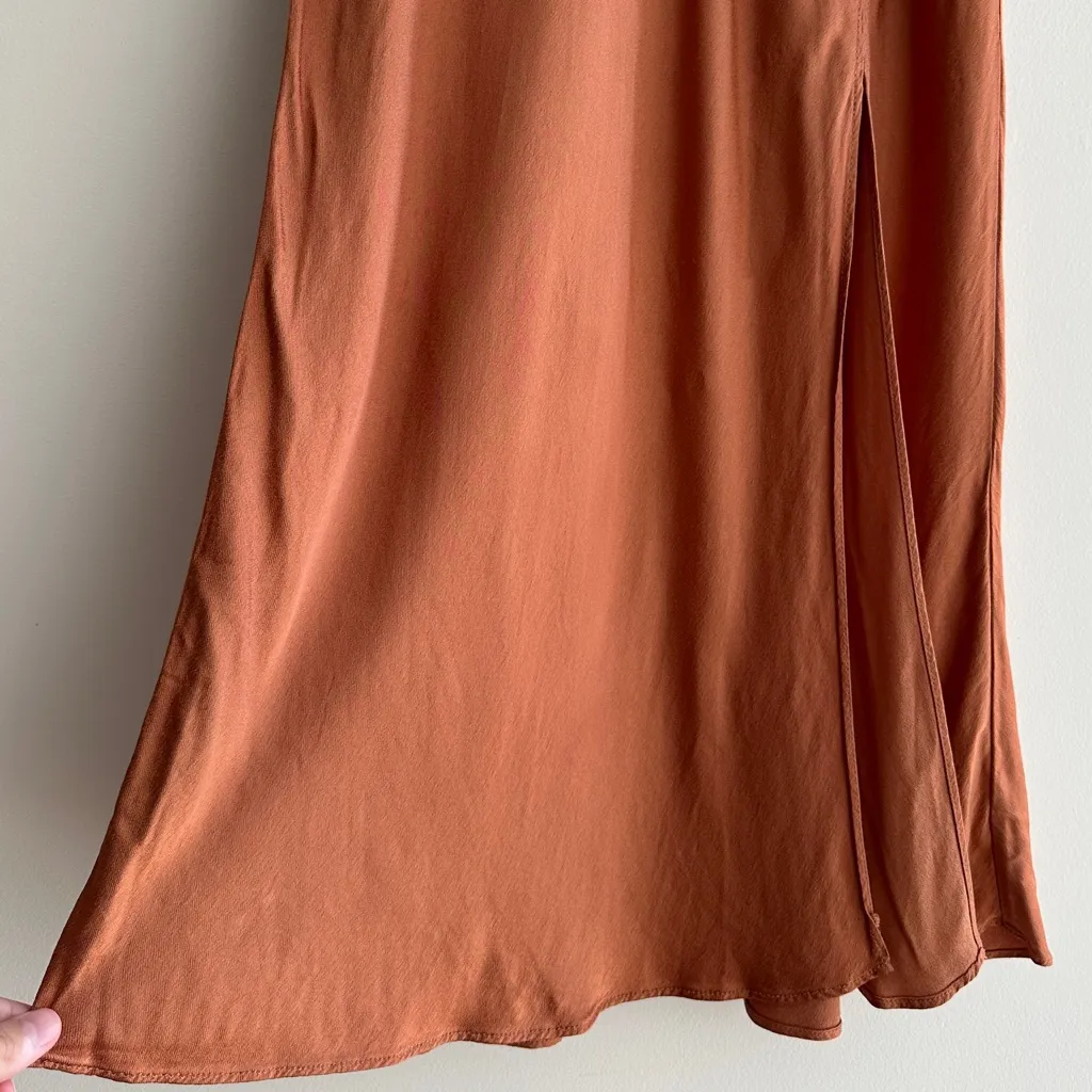 Socialite Terracotta/Pumpkin Orange Silky Bias Cut Midi Slit Skirt, Size XL - Image 16