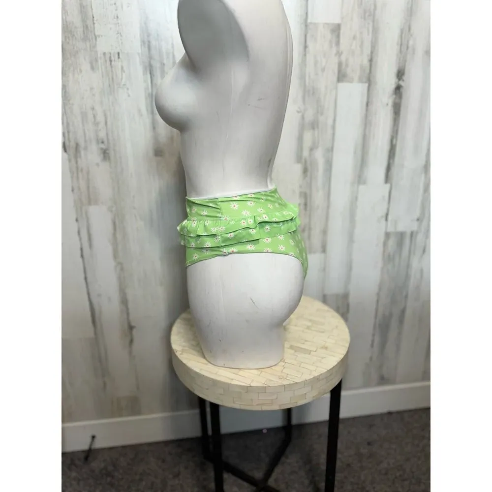 Green High Waist Daisy Print Bikini Bottom with Ruffle Detail – Size small Green - Image 3