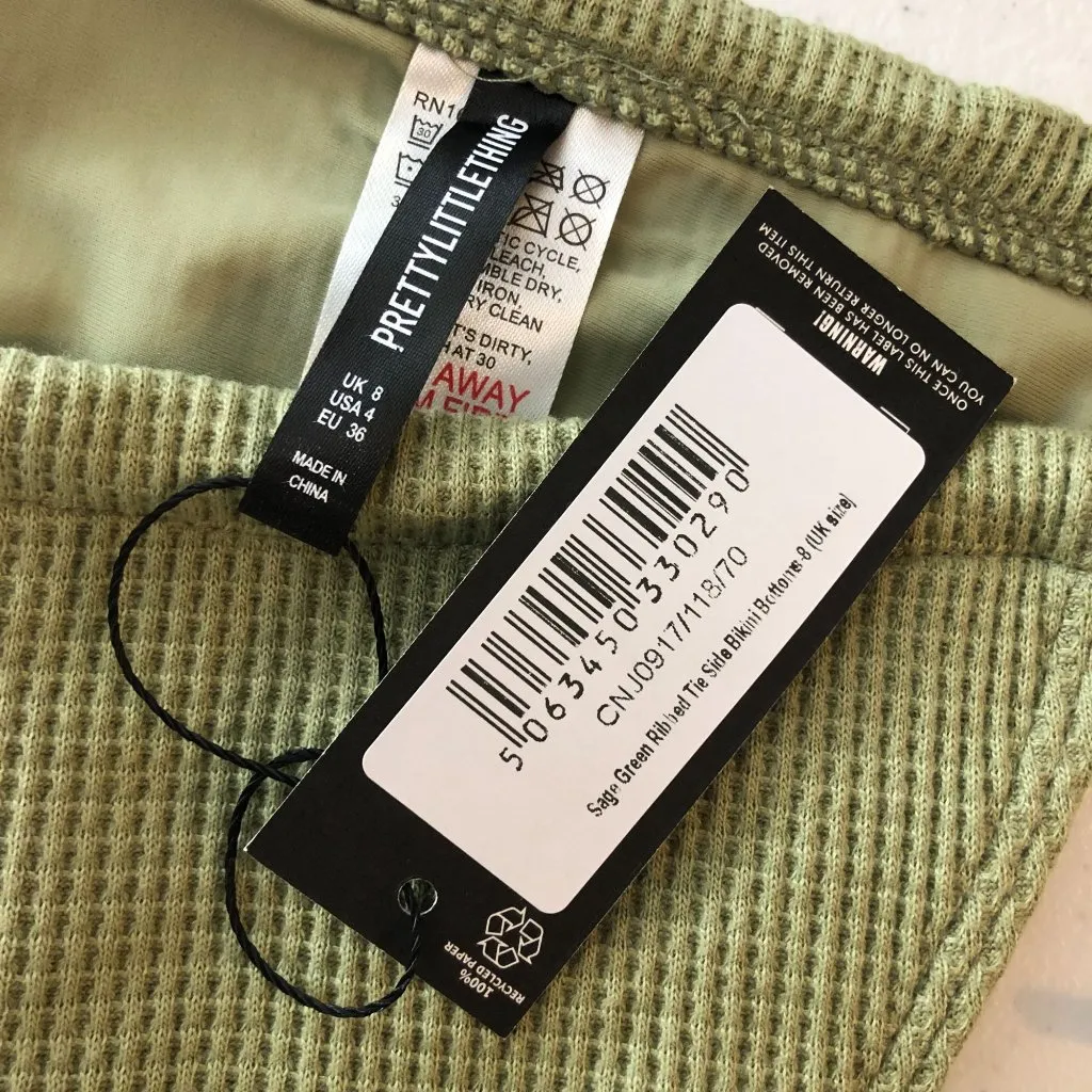 PrettyLittleThing Sage Green Ribbed Tie Side Bikini Bottoms Textured Cheeky US 4 - Image 5